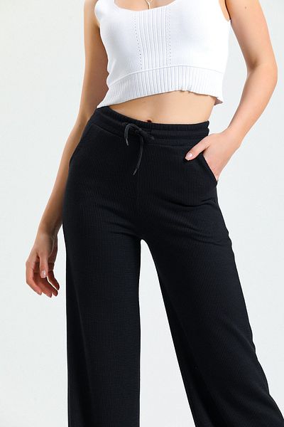 Babelook Women's Black Knitted Ribbed Wide Leg Trousers