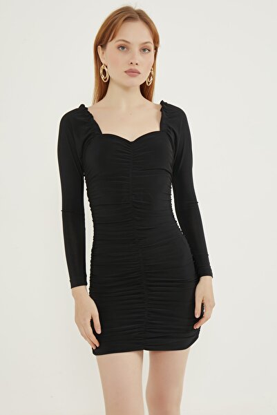 MEECY Жіноча чорна сукня з довгими рукавами та збірками