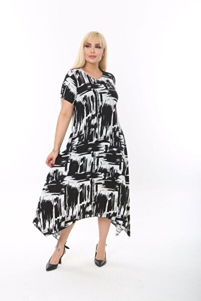 mami butik Ασύμμετρη φούστα μεγάλου μεγέθους με κοντό μανίκι από βισκόζη χτενισμένο βαμβάκι Κομψό άνετο καλοκαιρινό φόρεμα