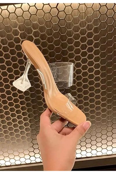 TrendyAnka Women's Nude Skin Beige 8 cm Transparent Heeled Blunt Square Toe Slippers Shoes Sandals
