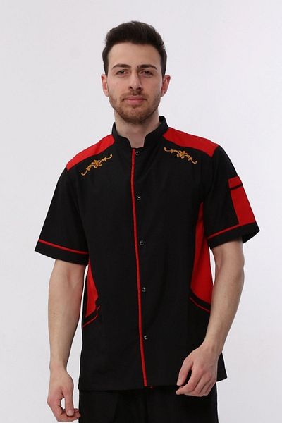 Uniprom Black Red Short Sleeve Cook Jacket - Shoulder Embroidery with Pockets Chef, Waiter