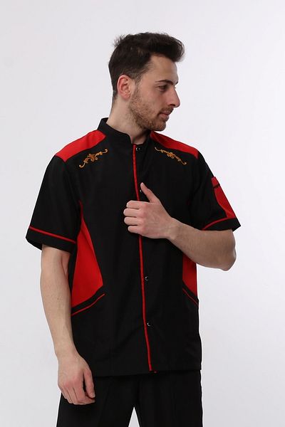 Uniprom Black Red Short Sleeve Cook Jacket - Shoulder Embroidery with Pockets Chef, Waiter