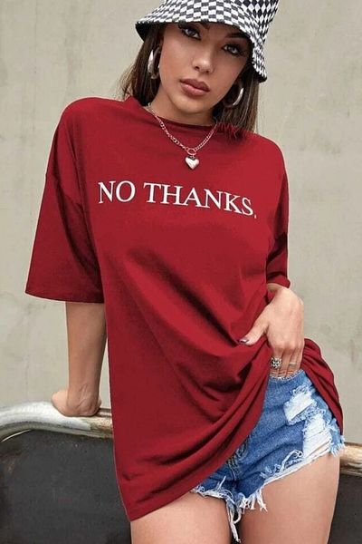 MODAGEN تي شيرت نسائي كبير الحجم مطبوع عليه عبارة "No Thanks" باللون الأحمر