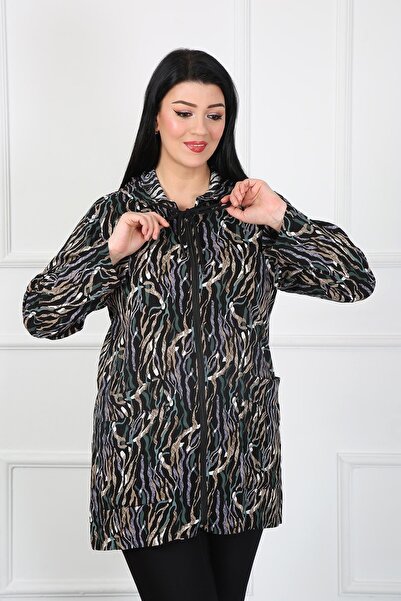 By Alba Collection Women's Khaki Patterned Cotton Viscose Large Size Cardigan