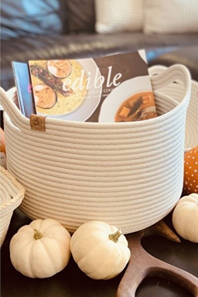 karelim home منظم ديكور متعدد الأغراض بحبل الجوت سلة بيضاء 25x20