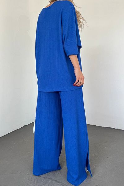 lovebox Women's Seersucker Bat Sleeve V-Neck Blouse And Trousers Oversize Saks Blue Double Suit 9581