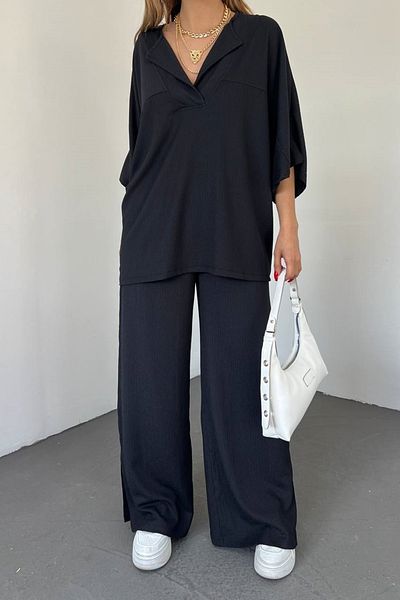 lovebox Női Seersucker denevér ujjú V-nyakú blúz és nadrág, nagyméretű fekete, kétrészes öltöny 9581