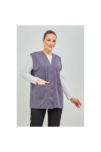 Fresh&Moda Vestă de damă, gri scurtă, cu buzunar, din bumbac pieptănat, cu nasturi