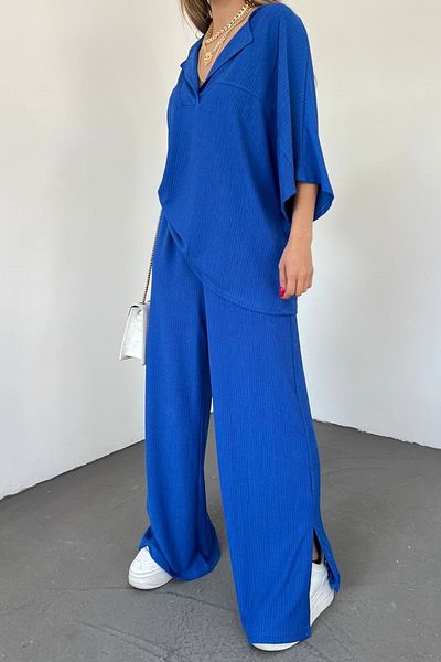 bayansepeti Bluză și pantaloni Saks Blue Seersucker cu mâneci liliac cu decolteu în V Costum dublu supradimensionat