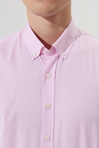 ALTINYILDIZ CLASSICS Różowa męska koszula slim fit slim fit z kołnierzykiem na guziki, ze 100% bawełny we wzorzyste wzory