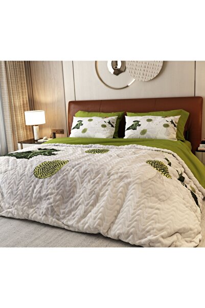 ALACA HOME COLLECTİON 6 Piece Green Daisy Four Seasons Pique Set 100% Cotton Satin