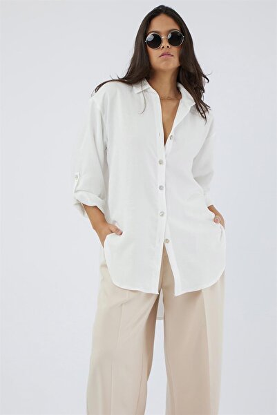 Dreamlike Katlamalı Uzun Kol Sedef Düğmeli Arkası Uzun Rahat Ve Bol Kalıp Şık Cool Elegant Keten Tunik Gömlek