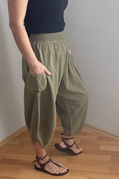 AYASOFYA OTANTIK Women's Khaki Cargo Pocket Linen Trousers 231003