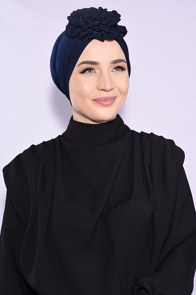 Ns nowascarf Rose Gathered Double Sided Ready Bonnet Navy Blue - Navy Blue