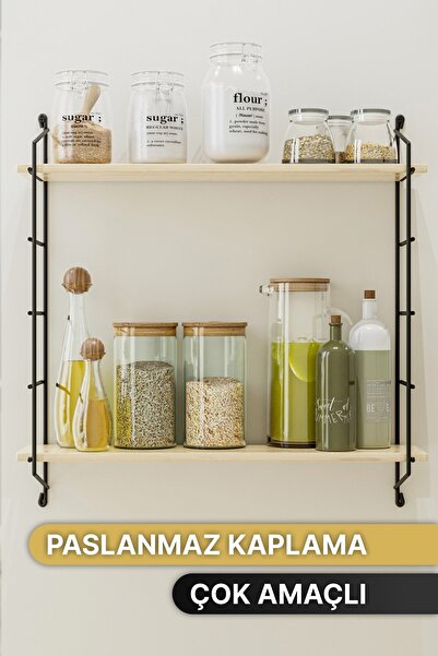 Bino Duvar Rafı Masif Doğal Ahşap Büyük Boy Geniş 2 Katlı Kitaplık Terek Mutfak Rafı Banyo Rafı