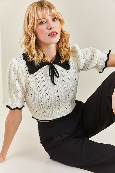 Bianco Lucci Women's Baby Collar Short Sleeve Hair Knitted Knitwear Sweater