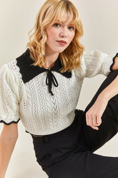 Bianco Lucci Women's Baby Collar Short Sleeve Hair Knitted Knitwear Sweater