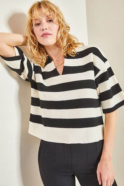 Bianco Lucci Women's Polo Neck Striped Oversize Knitwear Sweater