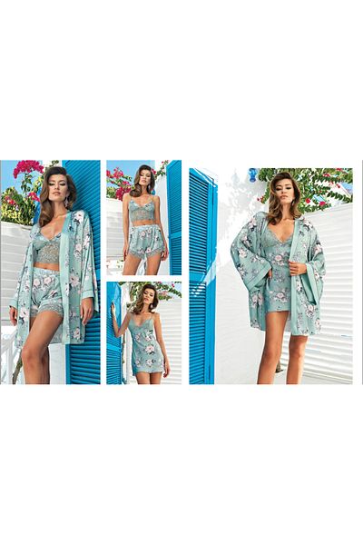PERİN Set de 4 piese cămașă de noapte și săbătoare scurte din satin - 5404
