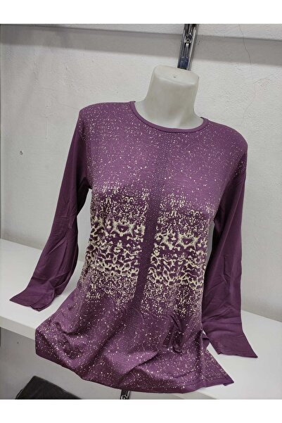 LÜKS MİRAYDA Yeni Sezon 2023 Taşlı Yuvarlak Yaka Uzun Kollu Anne Penye Bluz