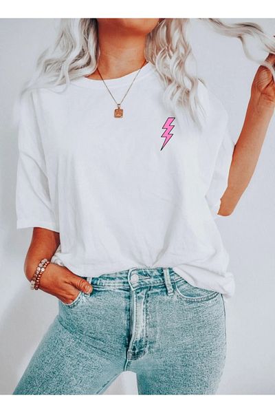 Rokeby Tricou alb oversize pentru femei – 100% bumbac pieptănat – Imprimat Flash roz – Tricou de vară cu potrivire confortabilă
