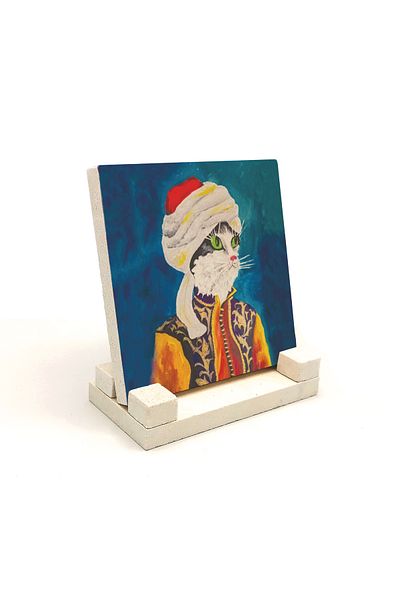 Sadrazam Turbaned Ottoman Cat Printed Natural Stone Tabletop
