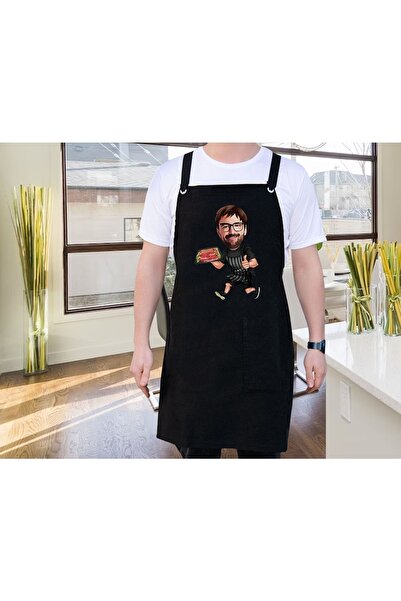 Bk Gift Kişiye Özel Erkek Chef Karikatürlü Profesyonel Siyah Mutfak Önlüğü