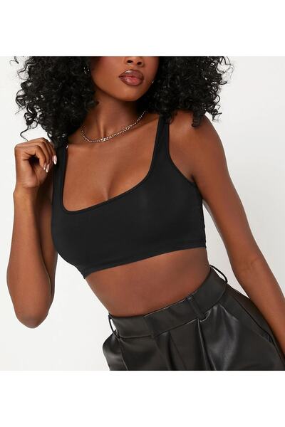 Liona Women's Square Neck Black Slim Fit Mini Crop Top Blouse