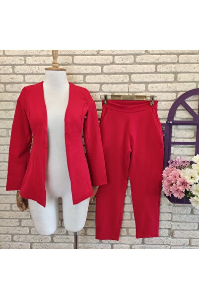 rengamoda Women's Red Unlined Atlas Fabric Jacket Pants Suit Original Visual Top 58cm Pants 84 cm