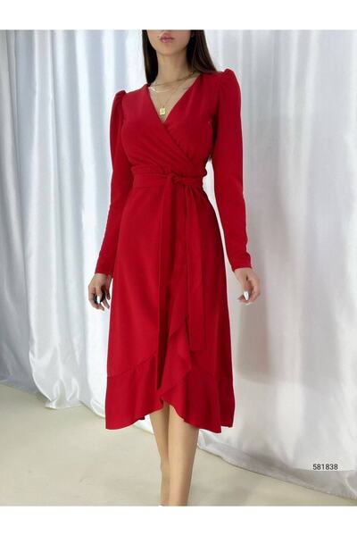 modakyra Legendás női piros, krepp szövetből készült, középhosszú, öves hosszú ujjú ruha (PIROS)