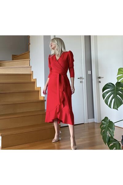 modakyra Legendás női piros, krepp szövetből készült, középhosszú, öves hosszú ujjú ruha (PIROS)