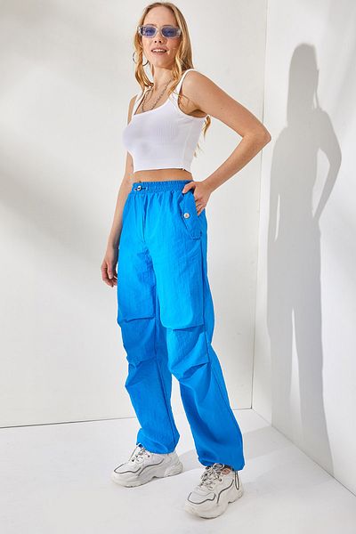 Olalook Women's Blue Pocketed Drawstring Parachute Trousers PNT-19000217