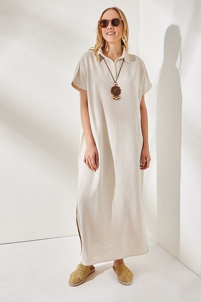 Olalook Damen-Stone-Kleid mit Polokragen und Schlitz in Übergröße aus Leinenmischung ELB-19001859