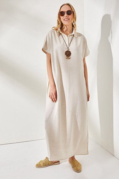 Olalook Kadın Taş Polo Yaka Yırtmaçlı Oversize Keten Karışımlı Elbise ELB-19001859