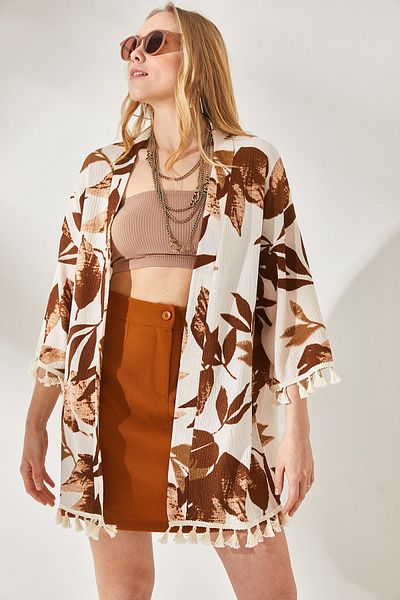 Olalook Dámské kamenné hnědé kimono se střapcem ležérní pletené kimono KMN-00000056
