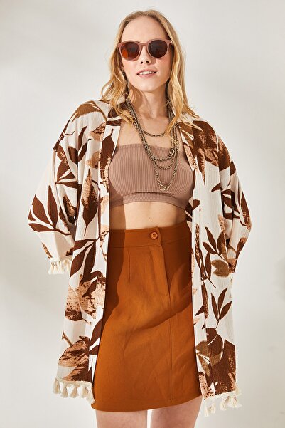 Olalook Damskie kimono z dzianiny w kolorze kamiennego brązu z frędzlami KMN-00000056