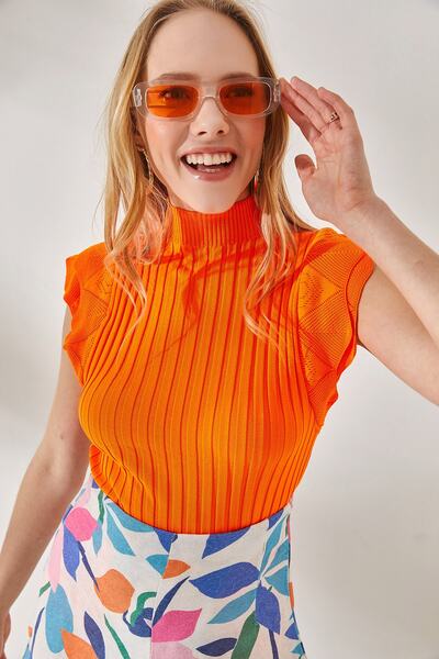 Olalook Bluză de tricotaj de vară cu mânecă fluture portocalie pentru femei BLZ-19000886