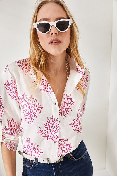 Olalook Women's Bush Fuchsia Sleeve Folded Linen Shirt GML-19000825