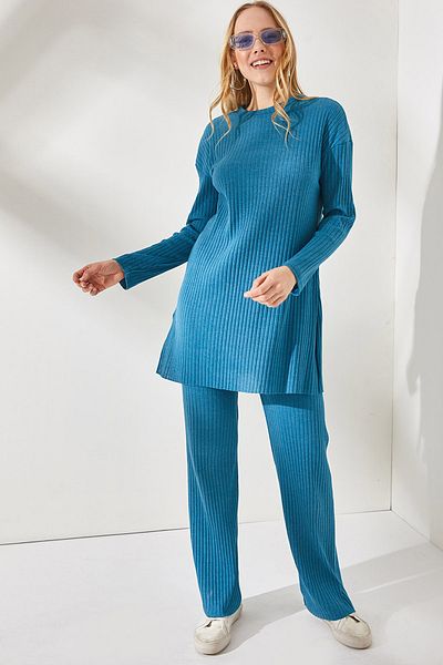 Olalook Damen Indigo Top Schlitz Bluse Unterteil Palazzo Kordel Anzug TKM-19000180