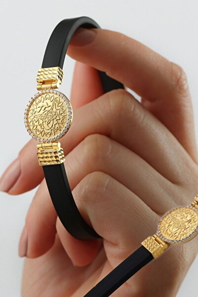 Silvano Jewelry 925 Ayar Gümüş Gold Tuğralı Kauçuk Bileklik