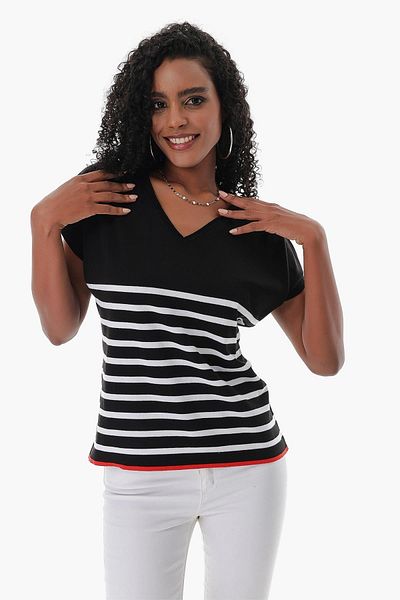 CHUBA Women's V-Neck Striped Comfortable Form Marin Short Sleeve Thin Knitwear T-shirt Black-white 23s1009