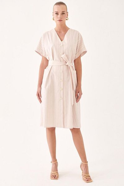 Perspective Adonias Regular Fit V-neck Midi Length Striped Patterned Beige Pink Color Dress