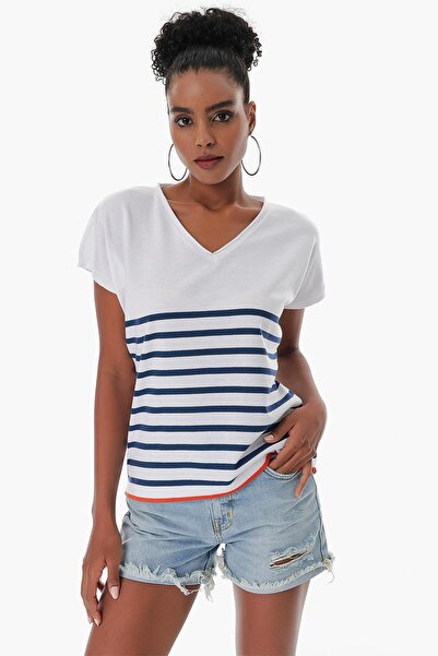 CHUBA Women's V-Neck Striped Comfortable Form Marin Short Sleeve Thin Knitwear T-shirt White-navy 23s1009