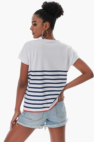 CHUBA Women's V-Neck Striped Comfortable Form Marin Short Sleeve Thin Knitwear T-shirt White-navy 23s1009