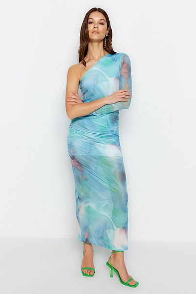 Trendyol Collection Rochie creion flexibilă maxi din tul cu model albastru TWOSS23EL01799