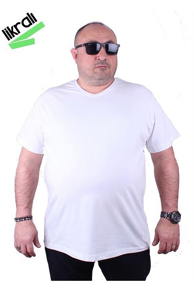 MocGrande تي شيرت رجالي أساسي من الليكرا مقاس كبير برقبة على شكل حرف V 11170 باللون الأبيض