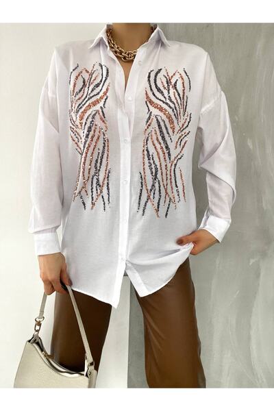 FancyWorld Patterned Sequin Embroidered White Color Shirt