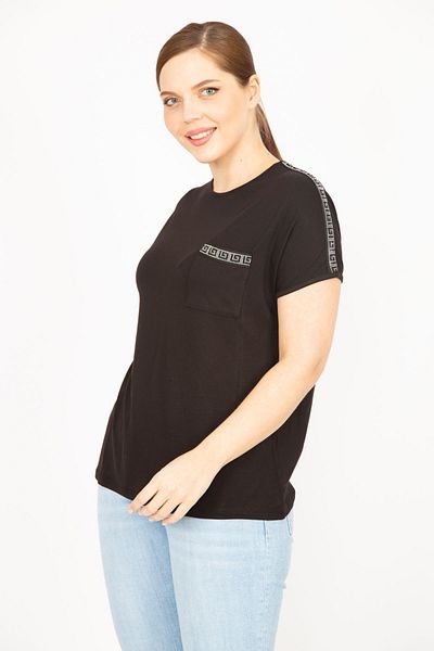 Şans Women's Black Plus Size Shoulder and Pocket Stone Detailed Short Sleeve Blouse 65n35930