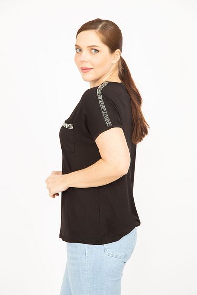 Şans Women's Black Plus Size Shoulder and Pocket Stone Detailed Short Sleeve Blouse 65n35930