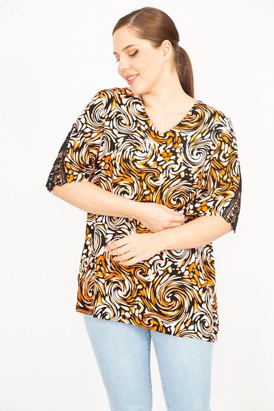 Şans Women's Orange Large Size Woven Viscose Fabric Sleeves Lace Detailed V-Neck Blouse 65n35898
